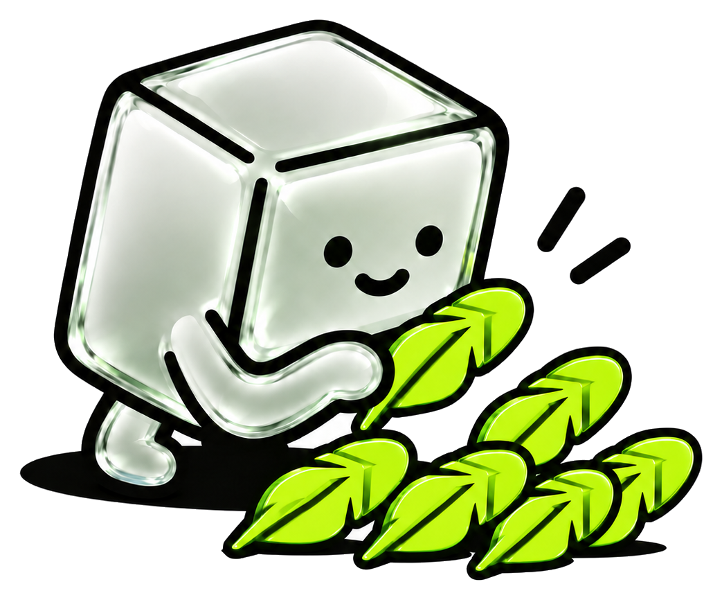 ponsbuild glass cube mascot collecting green leaves